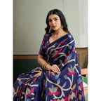Generic Women's Satin Crepe Printed Saree With Unstitched Blouse 5.5Mtr (Navy Blue)