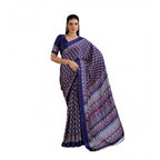 Generic Women's Satin Crepe Printed Saree With Unstitched Blouse 5.5Mtr (Navy Blue)