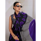 Generic Women's Satin Crepe Printed Saree With Unstitched Blouse 5.5Mtr (Purple)