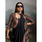 Generic Women's Satin Crepe Printed Saree With Unstitched Blouse 5.5Mtr (Black)
