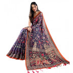 Generic Women's Linen Printed Saree With Unstitched Blouse 5.5Mtr (Blue)