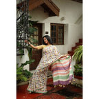Generic Women's Linen Printed Saree With Unstitched Blouse 5.5Mtr (Multicolor)