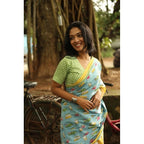 Generic Women's Linen Printed Saree With Unstitched Blouse 5.5Mtr (Blue)
