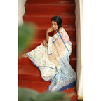 Generic Women's Linen Printed Saree With Unstitched Blouse 5.5Mtr (White)