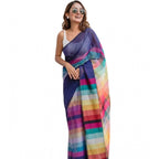 Generic Women's Linen Printed Saree With Unstitched Blouse 5.5Mtr (Navy)