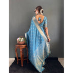 Generic Women's Satin Printed Saree With Unstitched Blouse 5.5Mtr (light Blue)