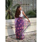 Generic Women's Linen Printed Saree With Unstitched Blouse 5.5Mtr (Purple)