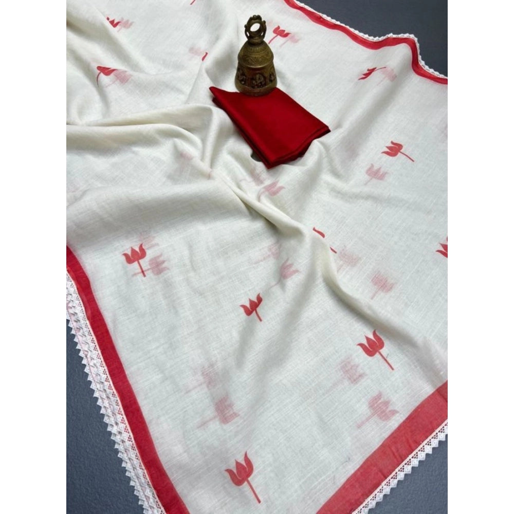 Generic Women's Linen Printed Saree With Unstitched Blouse 5.5Mtr (White)