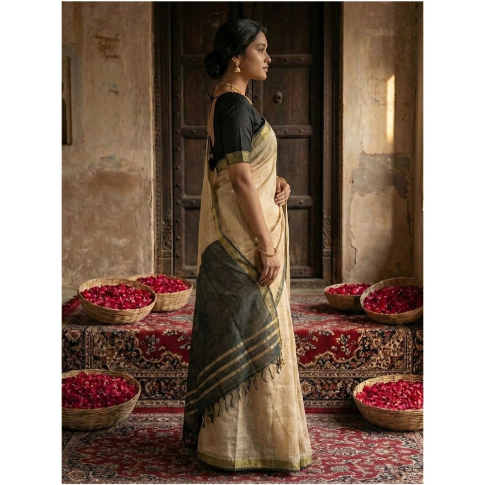 Generic Women's Cotton Printed Saree With Unstitched Blouse 5.5Mtr (Beige)
