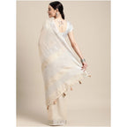 Generic Women's Linen Cotton Printed Saree With Unstitched Blouse 5.5Mtr (Cream)