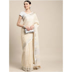 Generic Women's Linen Cotton Printed Saree With Unstitched Blouse 5.5Mtr (Cream)