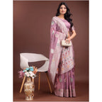 Generic Women's Linen Cotton Printed Saree With Unstitched Blouse 5.5Mtr (Purple)
