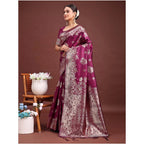 Generic Women's Banarasi Silk Printed Saree With Unstitched Blouse 5.5Mtr (Purple)