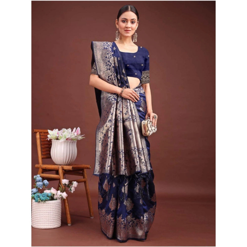Generic Women's Banarasi Silk Printed Saree With Unstitched Blouse 5.5Mtr (Navy Blue)