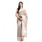 Generic Women's Linen Printed Saree With Unstitched Blouse 5.5Mtr (Beige)