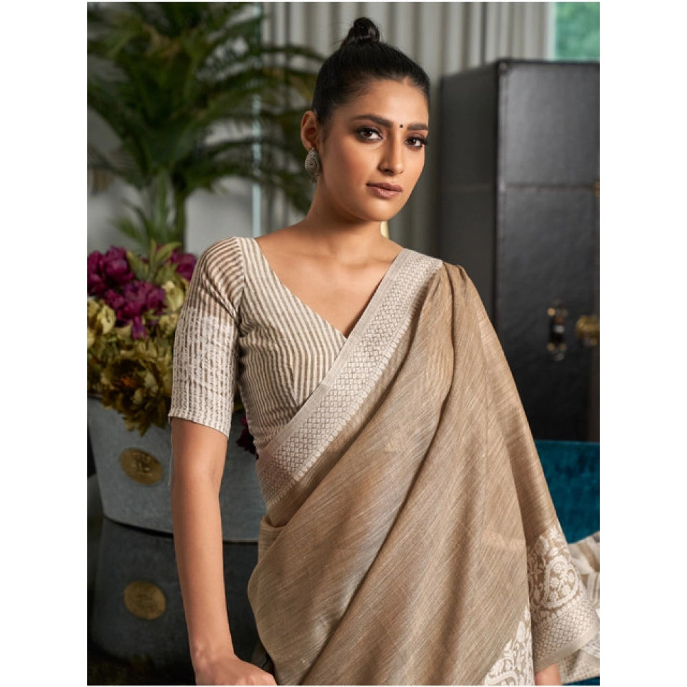 Generic Women's Linen Printed Saree With Unstitched Blouse 5.5Mtr (Beige)