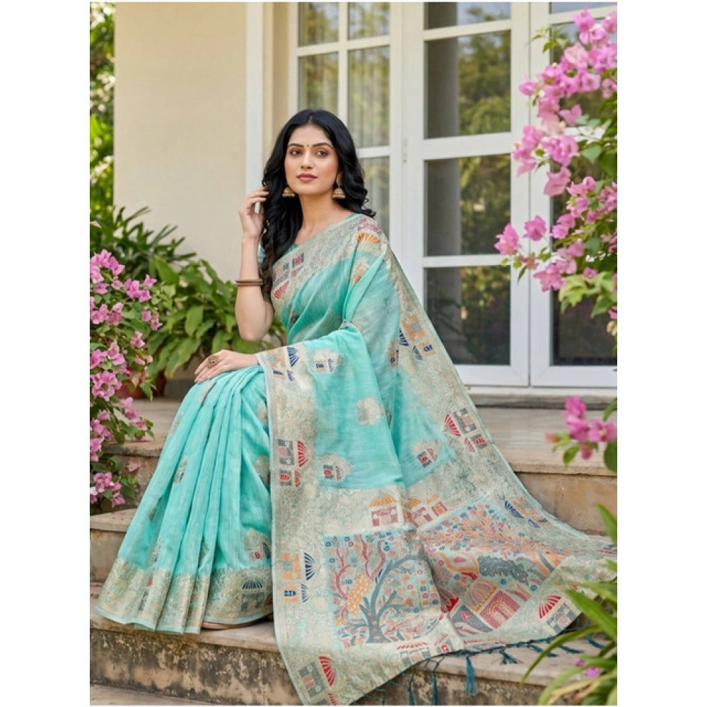 Generic Women's Linen Cotton Printed Saree With Unstitched Blouse 5.5Mtr (Sky Blue)
