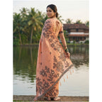 Generic Women's Linen Cotton Printed Saree With Unstitched Blouse 5.5Mtr (Orange)