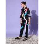 Generic Women's Satin Colour Block Long Sleeves Co-Ord Set (Multicolor)