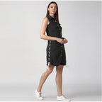 Generic Women's Denim Solid Sleeveless Dress (Black)