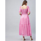 Generic Women's Polyester Georgette Checkered Half Sleeve Dress (Pink)
