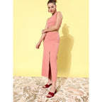 Generic Women's Polyester Lycra Solid Sleeveless Dress (Pink)