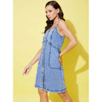 Generic Women's Denim Solid Sleeveless Dress (Blue)
