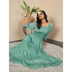 Generic Women's Chiffon Solid Puff Sleeve Dress (Green)