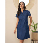 Generic Women's Denim Solid Sleeveless Dress (Blue)