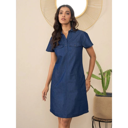 Generic Women's Denim Solid Sleeveless Dress (Blue)
