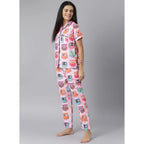 Generic Women's Cotton Blend Printed Short Sleeve Night Suit (Pink)