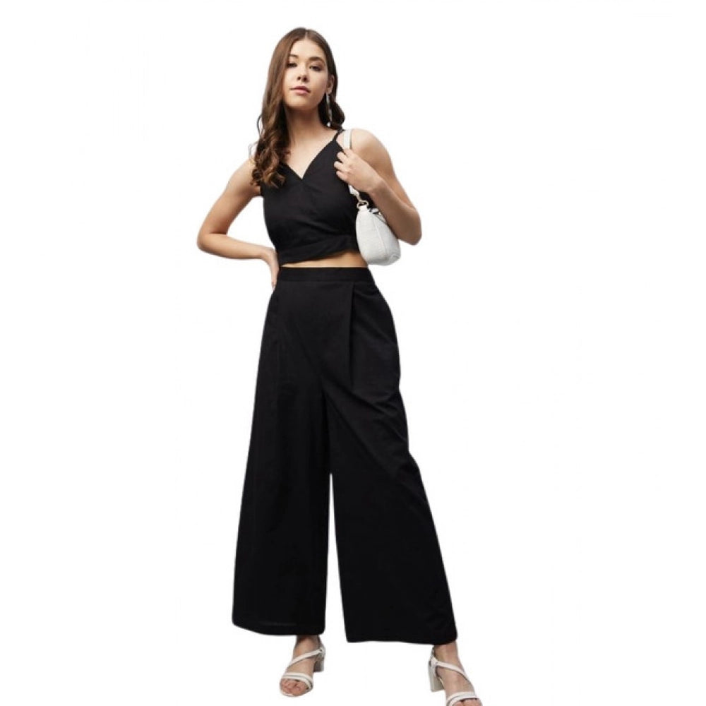 Generic Women's Cotton Linen Solid Sleeveless Crop Top and Palazzo Set (Black)