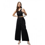 Generic Women's Cotton Linen Solid Sleeveless Crop Top and Palazzo Set (Black)