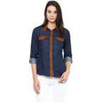 Generic Women's Denim Cotton based Solid Long Sleeves Shirt (Blue)