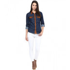 Generic Women's Denim Cotton based Solid Long Sleeves Shirt (Blue)