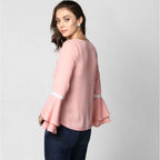 Generic Women's Polyester Solid Bell Sleeve Top (Pink)