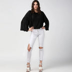 Generic Women's Polyester Pleated Balloon Sleeve Top (Black)