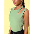 Generic Women's Polyester Lycra Solid Sleeveless Top (Green)