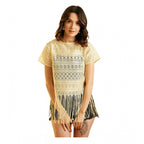 Generic Women's Polyester Lace Self Design Short Sleeve Top (Yellow)