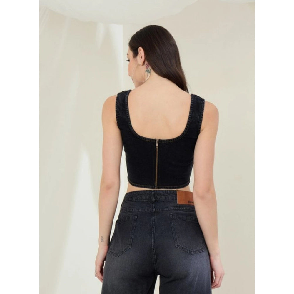 Generic Women's Denim Lycra Solid Sleeveless Top (Black)