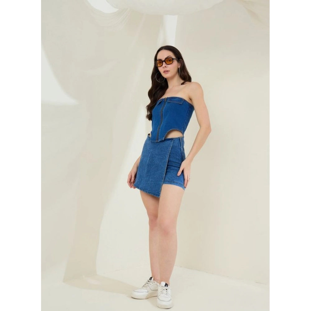 Generic Women's Denim Lycra Solid Sleeveless Top (Blue)