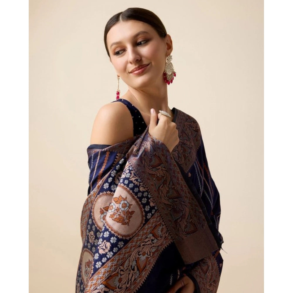 Generic Women's Soft Silk Jacquard Saree With Unstitched Blouse 5.5Mtr (Navy)