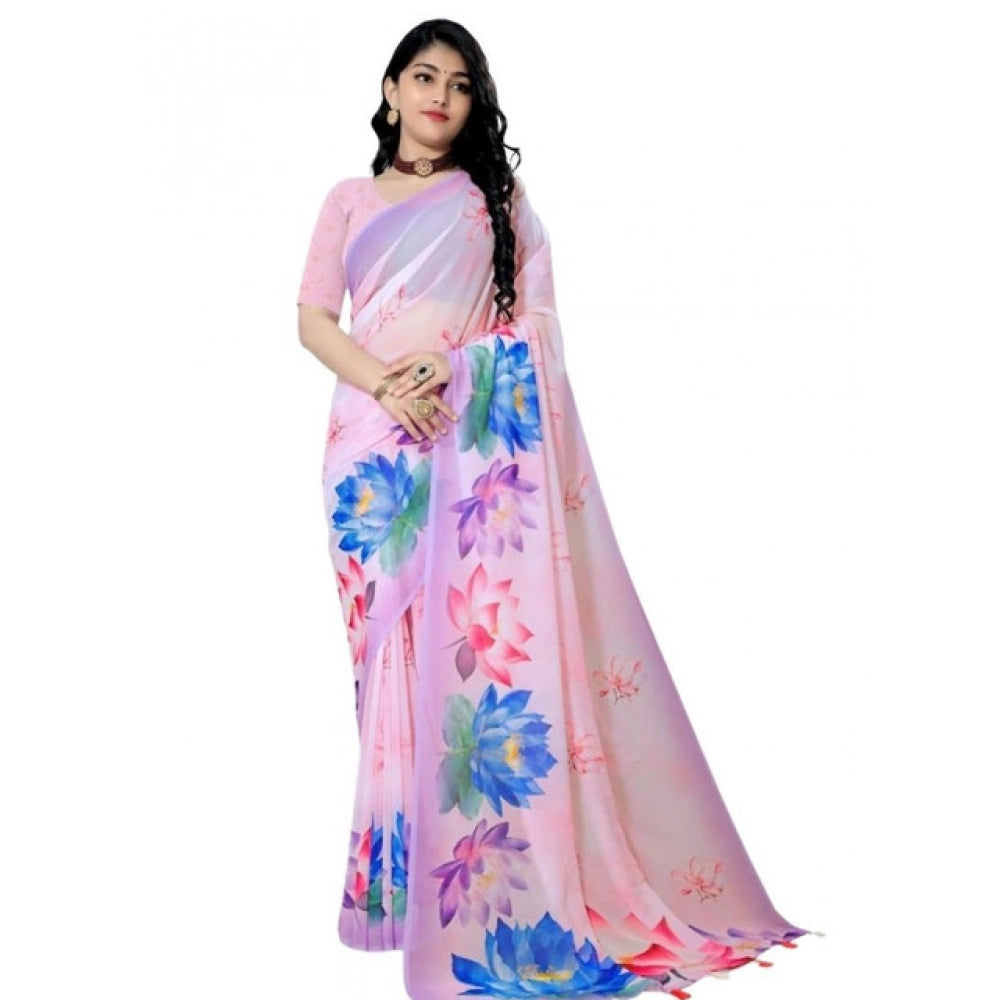 Generic Women's Georgette Floral Printed Saree With Unstitched Blouse 5.5Mtr (Light Pink)