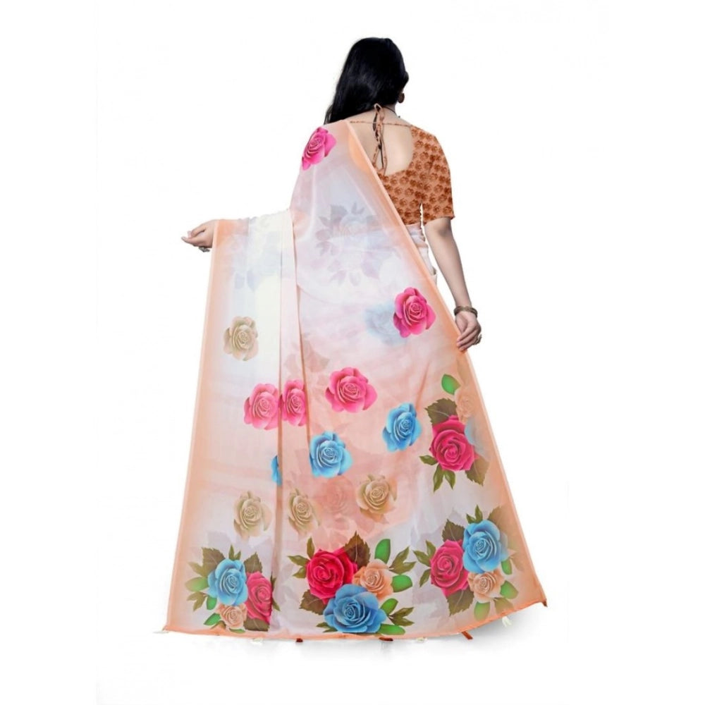 Generic Women's Georgette Floral Printed Saree With Unstitched Blouse 5.5Mtr (Orange)