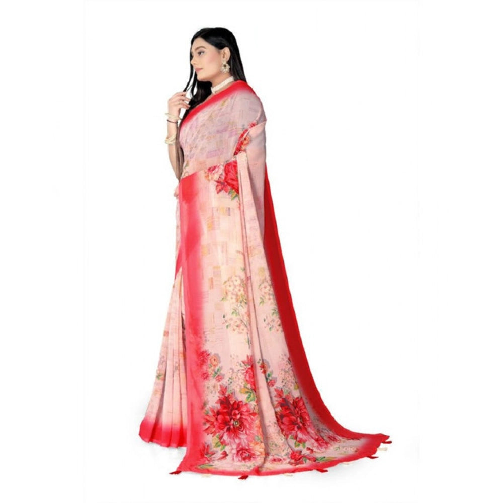 Generic Women's Georgette Floral Printed Saree With Unstitched Blouse 5.5Mtr (Red)
