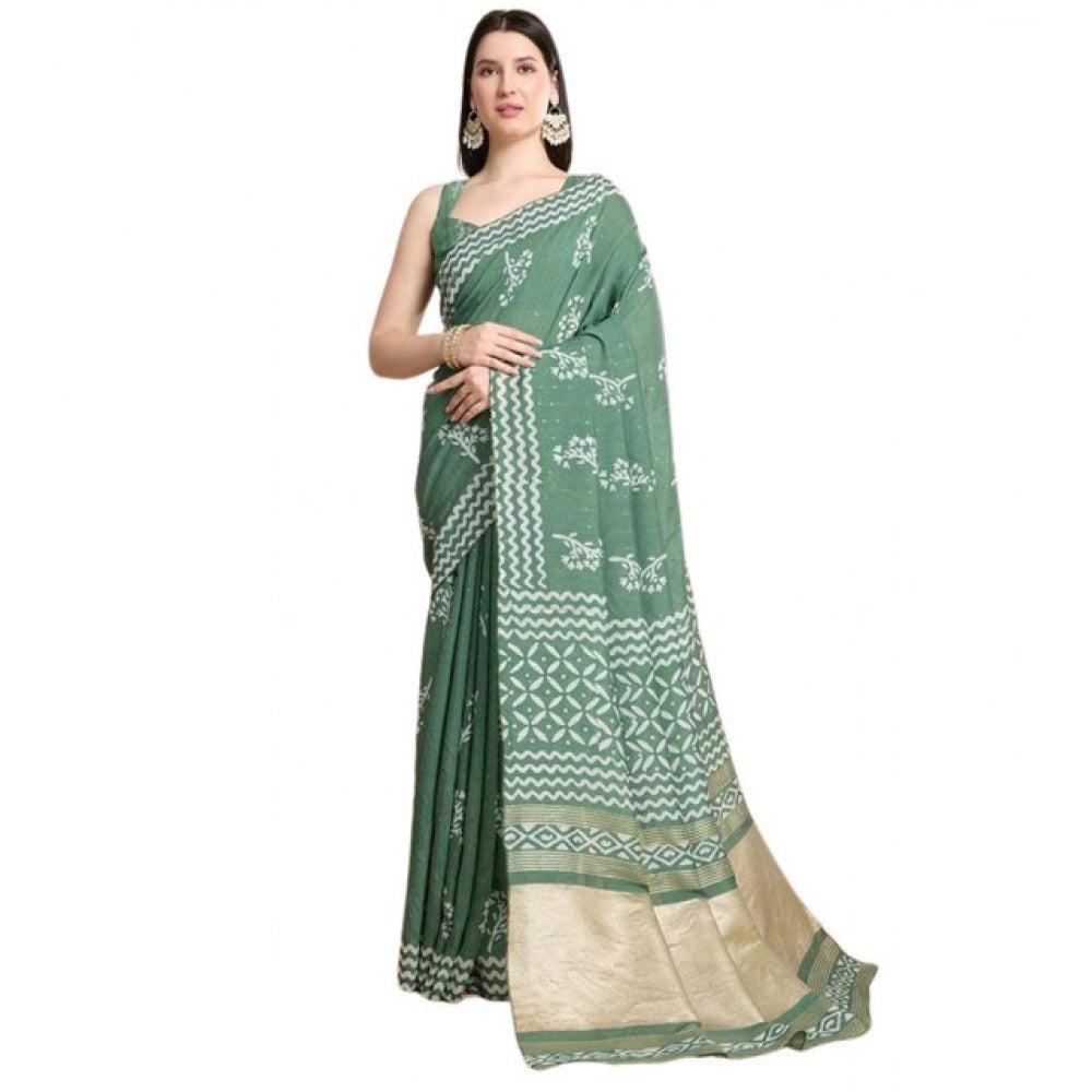 Generic Women's Semi Cotton Printed Saree With Unstitched Blouse 5.5Mtr (Green)