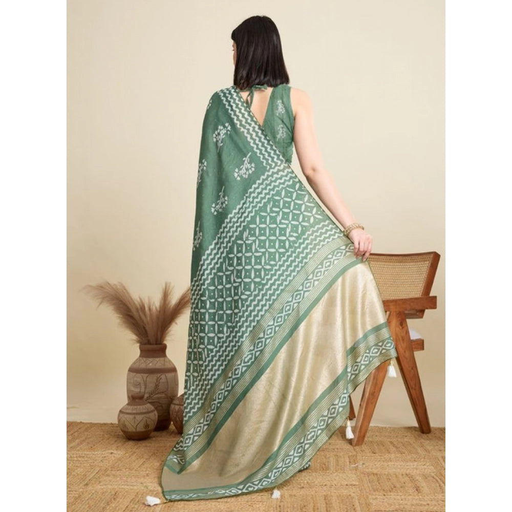 Generic Women's Semi Cotton Printed Saree With Unstitched Blouse 5.5Mtr (Green)