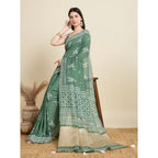 Generic Women's Semi Cotton Printed Saree With Unstitched Blouse 5.5Mtr (Green)