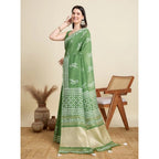Generic Women's Semi Cotton Printed Saree With Unstitched Blouse 5.5Mtr (Mint-Green)