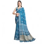 Generic Women's Semi Cotton Printed Saree With Unstitched Blouse 5.5Mtr (Sky-Blue)